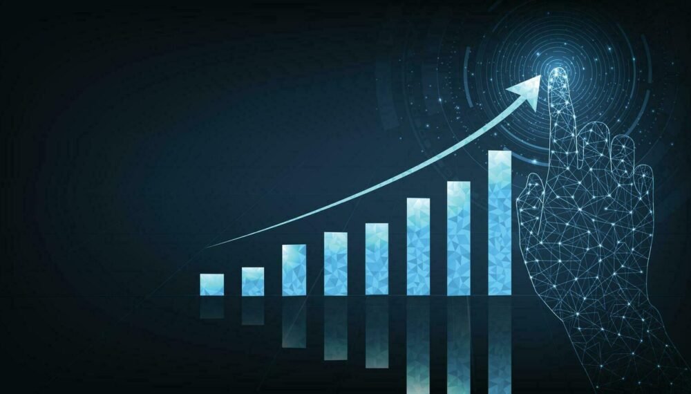 concept-of-growth-business-on-successful-with-graph-icon-up-digital-on-dark-blue-background-vector