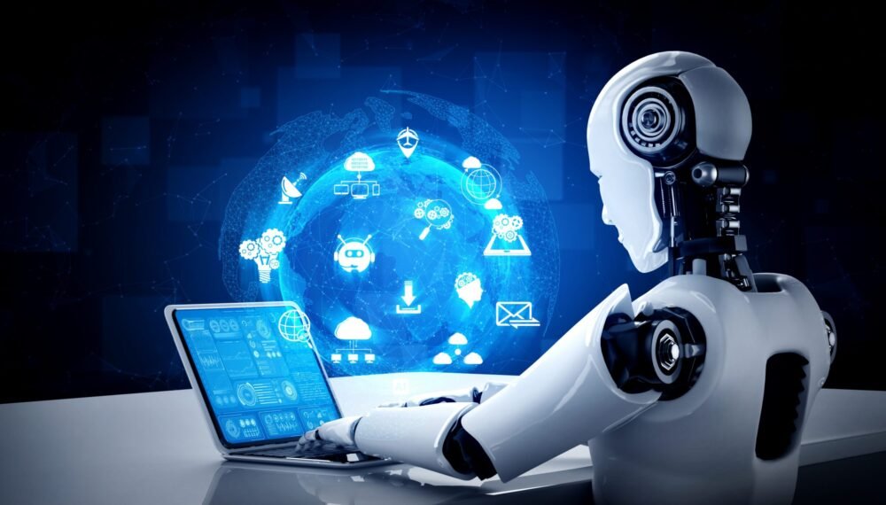 Robot humanoid use laptop and sit at table for global network co