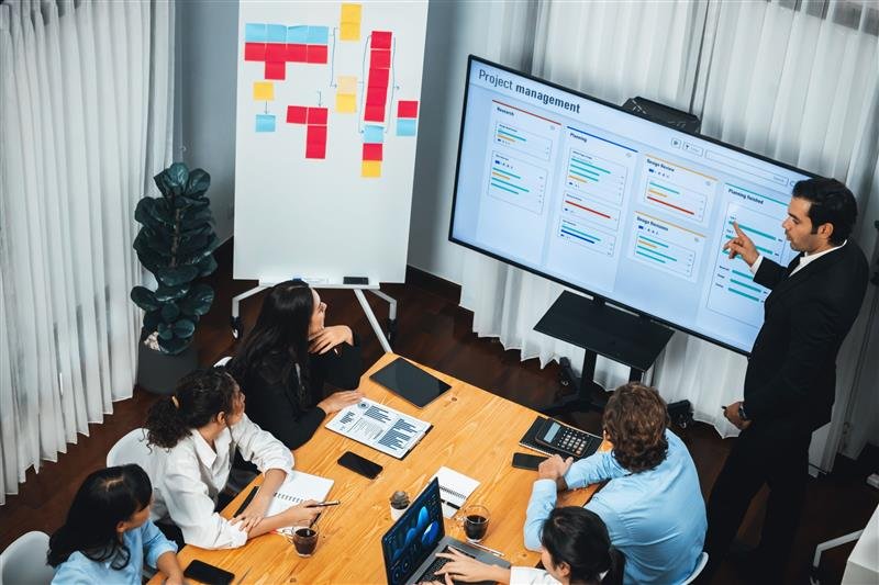 project-manager-planning-schedules-business-task-meeting-room-gantt-chart-software-show-tv-screen-multi-ethnic-diversity-business-people-modern-business-project-management-meticulous project-manager-planning-schedules-business-task-meeting-room-gantt-chart-software-show-tv-screen-multi-ethnic-diversity-business-people-modern-business-project-management-meticulous